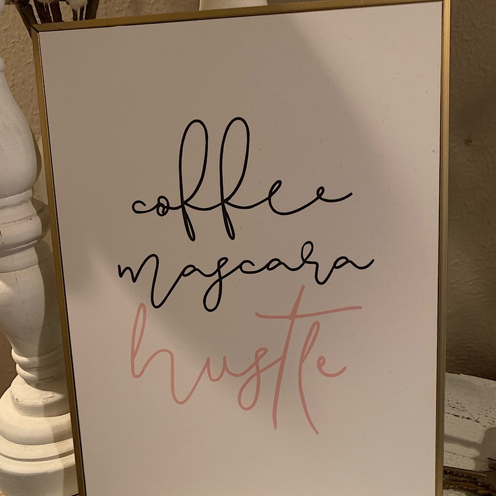 coffee mascara hustle canvas with gold frame 12.4in X 9.4in